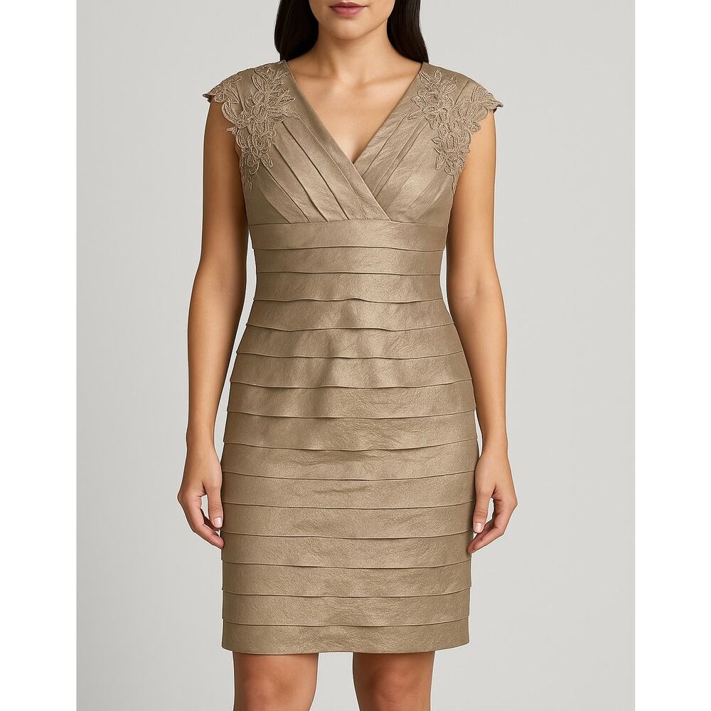 London Times Champagne Tiered Metallic Dress – Size 4 - Picture 1 of 8